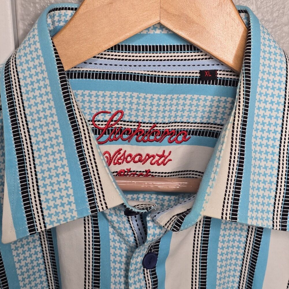 Luchiano Visconti Button Up Shirt Men’s XL Blue Striped Cotton Flip Cuff